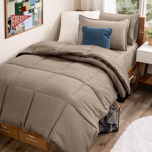 Bare Home Bed-in-A-Bag 5 Piece Comforter & Sheet Set - Twin - Goose Down Alternative - Ultra-Soft 1800 Premium Bed Set (Twin, Taupe/Taupe)