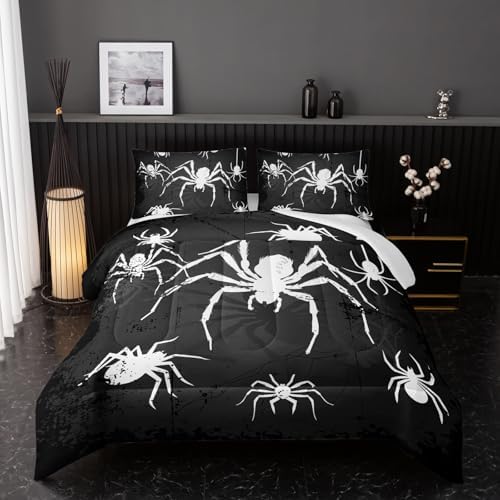 Nttopship Boys Spider Printed Comforter Set Bed in A Bag King Size 3PCS Black Bedding Set Cool White Spider Bedding Set Girls Boys Bedroom Decor with 2 Pillowcases, Lightweight All Season