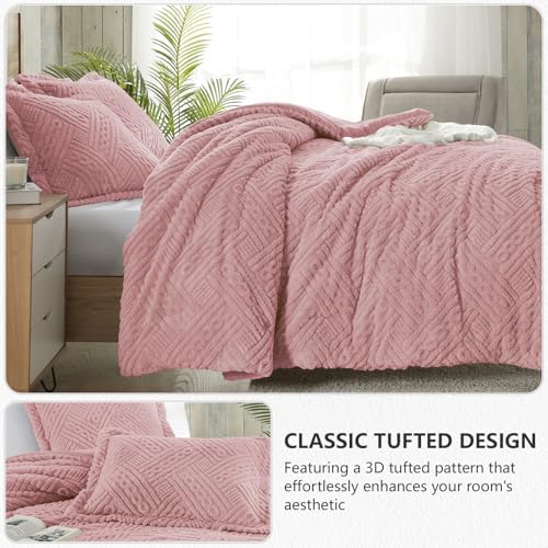 Homelike Moment Fleece Queen Comforter Set, Fluffy Bed Set 3 Piece Pink