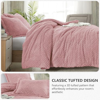 Homelike Moment Fleece Queen Comforter Set, Fluffy Bed Set 3 Piece Pink