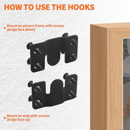Stainless Steel Flush Mount Bracket, Interlocking Heavy Duty Photo Frame Hook, Interlocking Furniture Connector for Hanging Headboards Large Picture Display Wall Mount Hardware (Black, 4 Pairs)