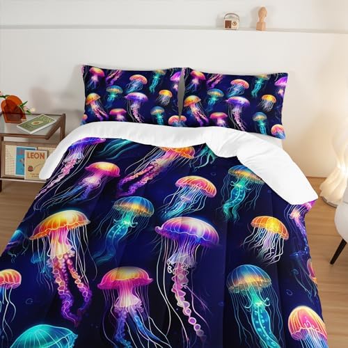 Colorful Jellyfish Queen Size Comforter Set with 2 Pillowcases.