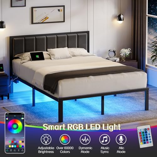 OLEVS Queen Bed Frame with Headboard, Smart LED & Charging Station