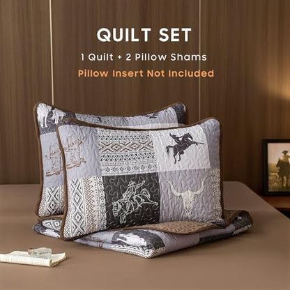 Wake In Cloud - Western Quilt Set, Southwestern Aztec Country Horse Cowboy Rustic Ranch Pattern Printed, Reversible Lightweight Bedspread Coverlet, 3 Pieces, Gray Brown, King Size
