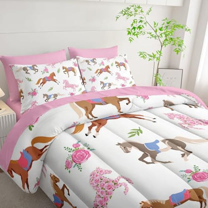 HOSIMA Girls 7Pcs Kawaii Pink Rose Horse King Comforter Set with Sheets.