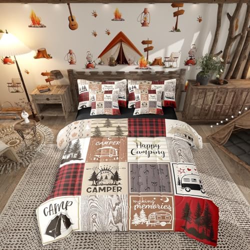 Erosebridal Rv Short Queen Comforter for Camper Happy Camping Bunk Bed in A Bag 7 Piece Camper Accessories Bedding for Travel Trailers,Patchwork Buffalo Plaid Pine Tree Arrow Bed Set Red Brown