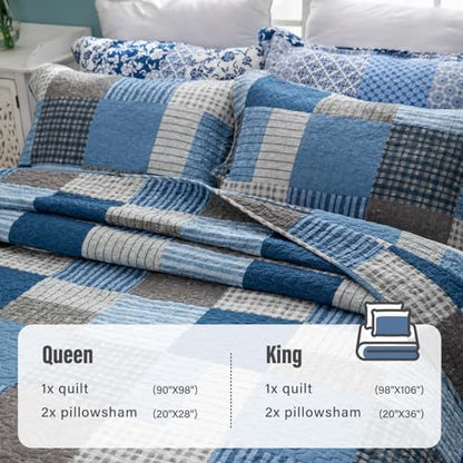 Y-PLWOMEN 100% Cotton Quilts Queen Size Farmhouse Plaid 3-Pieces Bedding
