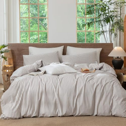 MooMee Striped Duvet Cover Set 100% Washed Cotton Linen Like Queen