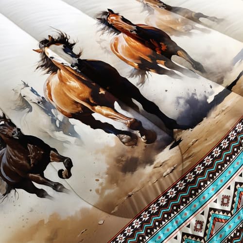 Nttopship Horse Western Comforter Set Twin Size,100% Soft Ultra-Fine Fiber Four Season Farmhouse Wildlife Printed Comforter Set with 1 Comforter and 2 Pillow Case