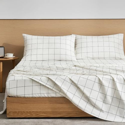 JELLYMONI 100% Cotton Sheet Set, White Plaid, Twin