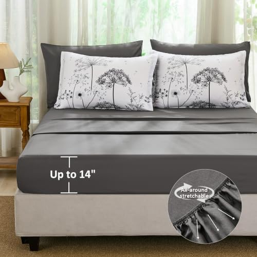 Yiran King Comforter Size Set, 7 Piece Grey Dandelion Floral Bed in a Bag
