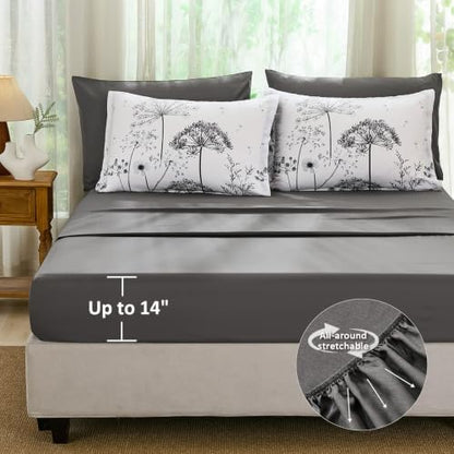 Yiran King Comforter Size Set, 7 Piece Grey Dandelion Floral Bed in a Bag