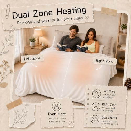 ReyyNio Electric Heated Blanket King Size 90"x100", Dual Controllers, Beige