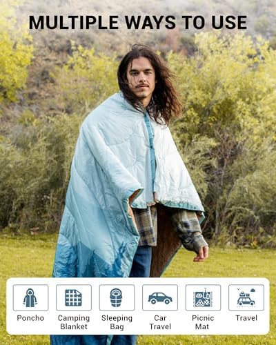 KingCamp Large Camping Blanket with Sherpa Lining, Cyan 79"x 57"