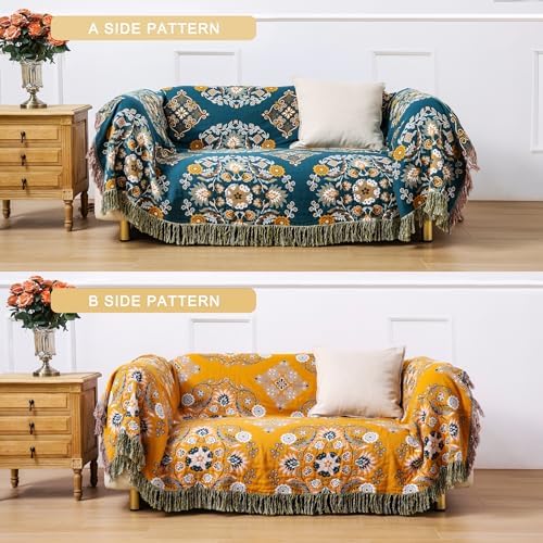 VANJOROY Boho Throw Blanket, 100% Cotton Soft Sofa Bed Queen Throw-Floral Farmhouse Decor Blanket, Reversible Bohemian Yellow Throw for Chair Couch Quilt and Gift, 80" x 90"