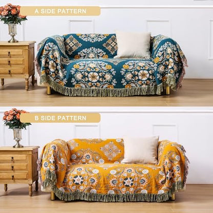 VANJOROY Boho Throw Blanket, 100% Cotton Soft Sofa Bed Queen Throw-Floral Farmhouse Decor Blanket, Reversible Bohemian Yellow Throw for Chair Couch Quilt and Gift, 80" x 90"