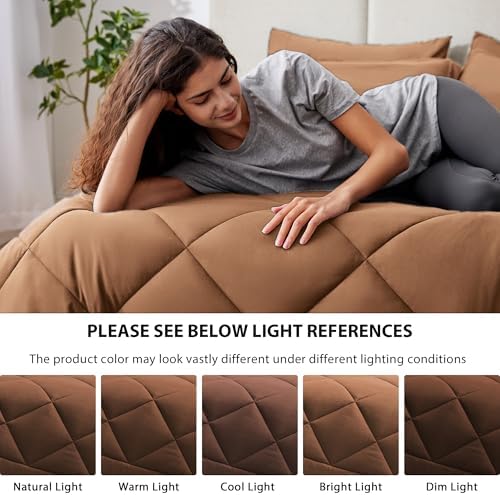 Love's cabin Oversized Queen Comforter Set, 7 Pieces Bed in a Bag, All Season Bedding Sets with 1 Comforter, 1 Flat Sheet, 1 Fitted Sheet, 2 Pillowcase and 2 Pillow Sham, Mocha Mousse