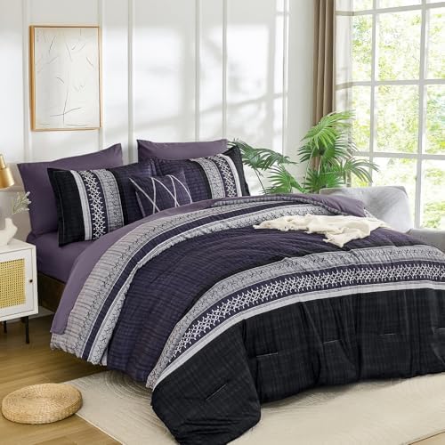Dintszyayue Purple Comforter Set King Size, 8 Pieces Boho Striped Bed in a Bag Soft Microfiber Bedding Set for All Season