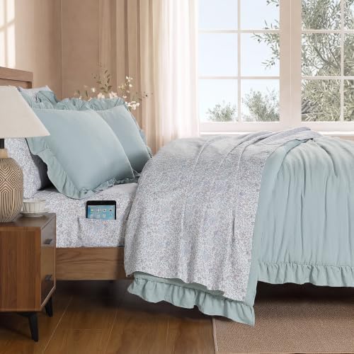 BLOOMHAVEN Queen Comforter Set-7 Pieces Ruffle Bedding with Floral Sheet