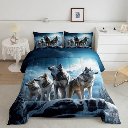 Homewish 3D Wolf Comforter Set King Size,Wild Animals Bedding Set for Kids Boys Men Adult Bedroom Decor,Winter Mountain Scenery Quilt Set 3Pcs Nature Theme Luxury Blue Grey Duvet Insert,2 Pillowcases