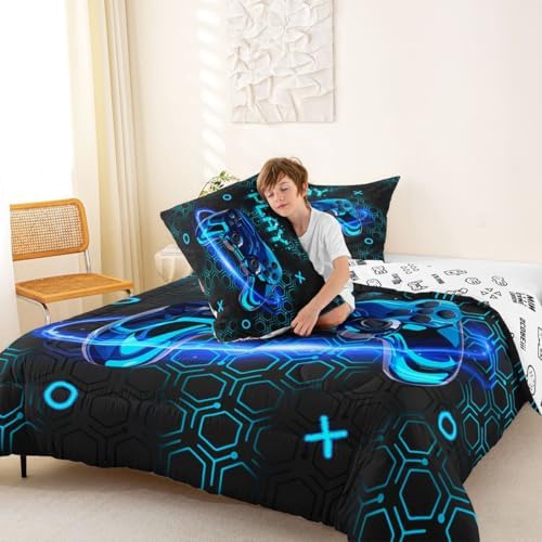 Feelyou Gamer Kids Comforter Set Queen Size Gaming Bedding Set Game Room