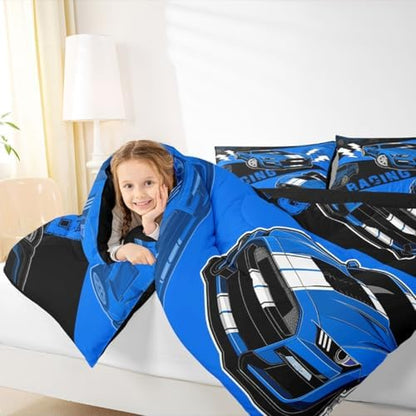 Erosebridal Blue Race Car Bedding Set for Boys Sports Car Comforter Set Queen,Race Car Bedroom Decor for Boys Girls Kids Racing Car Comforter Set Cool Race Cars Gamer Bedding Sets 3Pcs