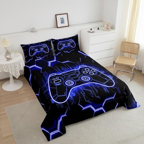 Feelyou Kids Blue Gamer Comforter Set Toddler Size, Honeycomb Gaming Comforter Boys Girls Modern Game Console Bedding Set Game Teens Duvet Set Bedroom Decor with 1 Pillow Case