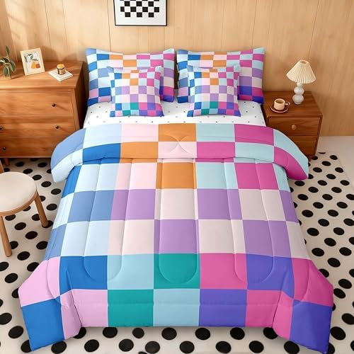 jejeloiu Plaid Comforter Set with Sheets 7 Piece Twin Size