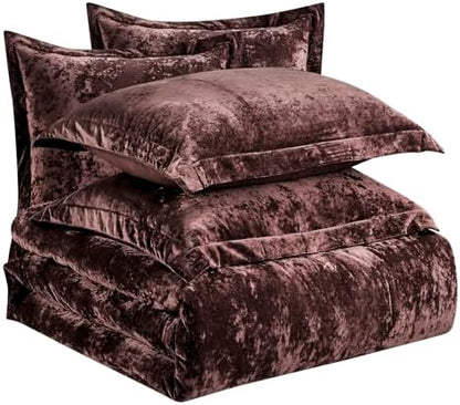 Fredsure Distressed Velvet Comforter Set, 5 Pieces Brown Queen, Distressed Velvet Face and Brushed Microfiber Reverse