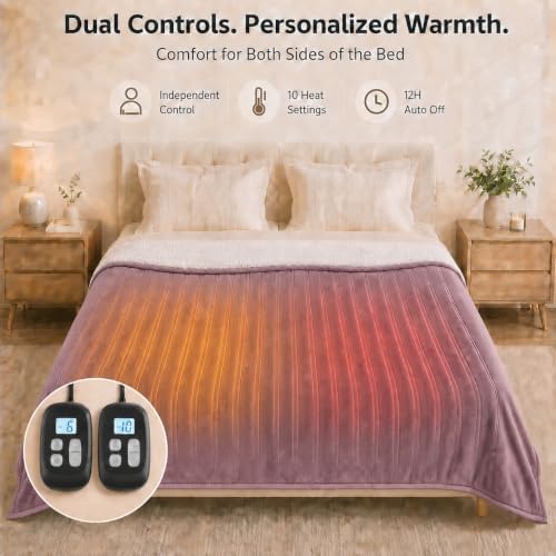 Electric Heated Blanket King Size 90" x 100", Soft Flannel for Bed, Couples, 10 Heat Settings, 1-12H Auto Shut Off, Dual Zone Controls, Overheat Protection, Machine Washable, Purple
