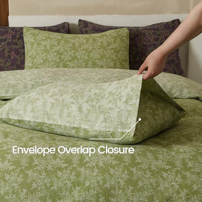 BISELINA 100% Cotton Muslin Duvet Cover Set Queen, 3 Pcs Yarn-Dyed Jacquard Textured Vintage Rose Pattern, Soft and Breathable Bedding Set with Zipper Closure, Light Green