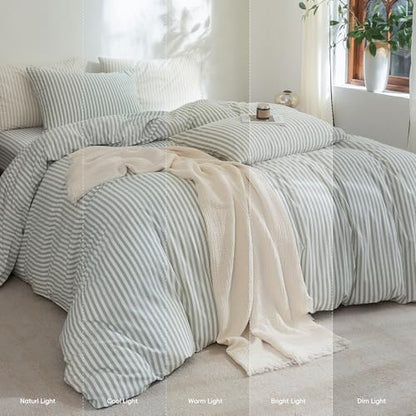 FOSSA Striped Duvet Cover Set 100% Washed Cotton Linen Feel Oversized King