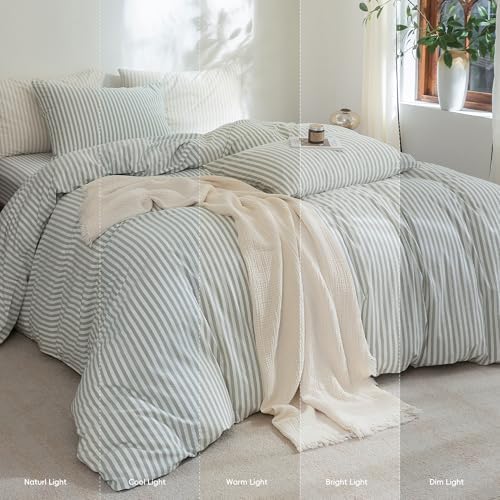 FOSSA Striped Duvet Cover Set 100% Washed Cotton Linen Feel California King