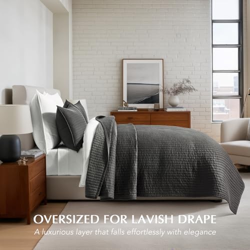 EVERGRACEHOME Cotton Sateen Quilt Set, Queen Size, Washed Black