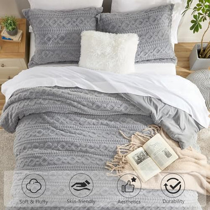 Homelike Moment Fleece Queen Comforter Set Grey, Fluffy Bed Set 3 Piece