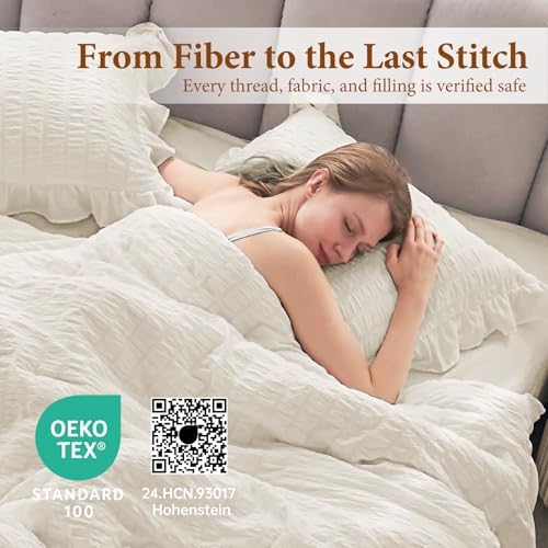 JOLLYVOGUE Oversized King Comforter Set, 3 Pieces Ivory Seersucker Comforters, Lightweight & Fluffy Bedding Sets for All Season with 1 Ruffle Comforter and 2 Ruffle Pillowshams