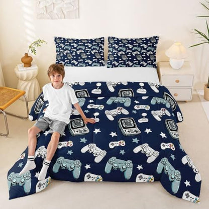 Castle Fairy Gamepad Comforter Set King Size,Video Gaming Blue Down Alternative Adults Bedroom Decor,Kids Games Consoles Ultra Soft Microfiber Inner Fill 3 Pcs Bedding
