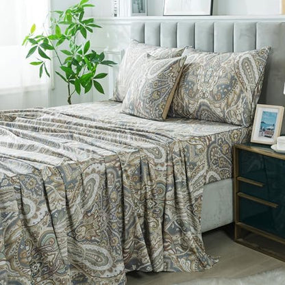 FADFAY Paisley Sheets Set Full Classic Boho Paisley Bedding Luxurious Bohemian Damask Paisley Bed Sheet Set Breathable 100% Egyptian Cotton 800 Thread Count Deep Pocket Fitted Sheet 4Pcs, Full Size