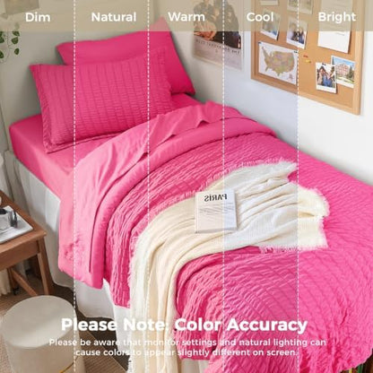 HYMOKEGE Hot Pink Twin Comforter Set Seersucker 5 Pieces, All Season Luxury Bed in a Bag for Bedroom, Bedding Set with Comforter, Sheets, Pillowcase & Sham