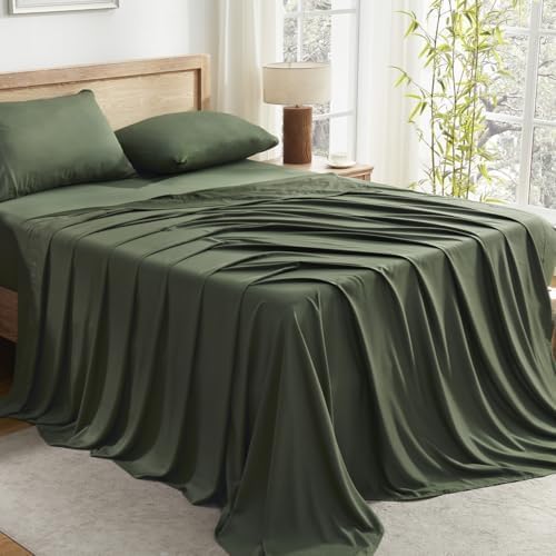 Andency King Sheets Set 100% Viscose Derived from Bamboo, Olive Green