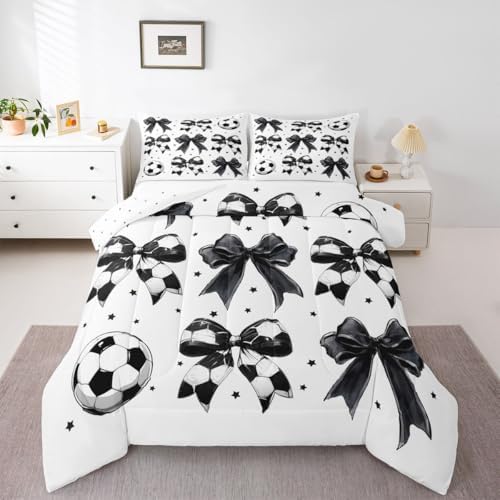 jejeloiu Soccer Ball Bow Kids Comforter Set Toddler Size Football Bedding Set Watercolor Bow Duvet Quilt for Kids Boys Girls Bedroom Rugby Sports Decor Microfiber Ultra Soft Breathable