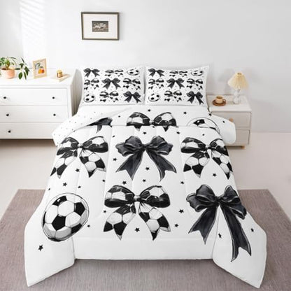 jejeloiu Soccer Ball Bow Kids Comforter Set Toddler Size Football Bedding Set Watercolor Bow Duvet Quilt for Kids Boys Girls Bedroom Rugby Sports Decor Microfiber Ultra Soft Breathable