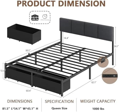 Furnulem Queen Bed Frame with Adjustable Headboard and Storage Drawers