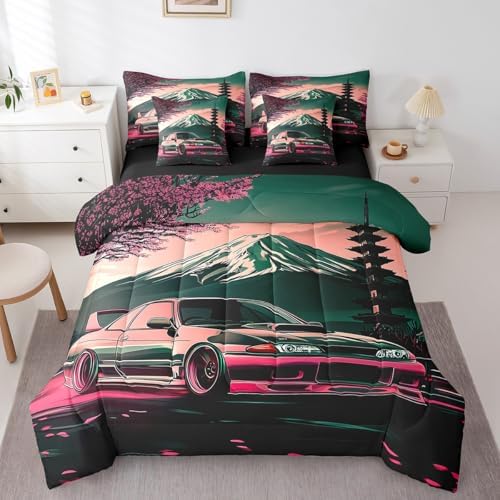 Feelyou Japanese Race Car Comforter Set with Sheets Twin Size Kids Speed Sports Car Cherry Blossoms 7 Pieces Bedding Set Boys Girls Teens Racing Car Mount Fuji Bed in a Bag Extreme Sports Bed Set
