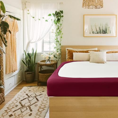 Box Spring Cover Queen Size-Burgundy Stretch Wrap Around 4 Sided Bed Skirt