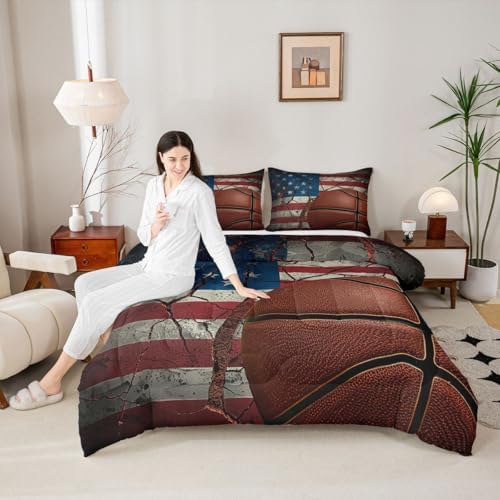 Erosebridal American Flag Comforter Set for Boys, Basketball Duvet Sets Queen Size, Retro Sports Games Bedding Set United States Federations Stars Stripes Duvet Insert for Teens Kids Adult Bedroom