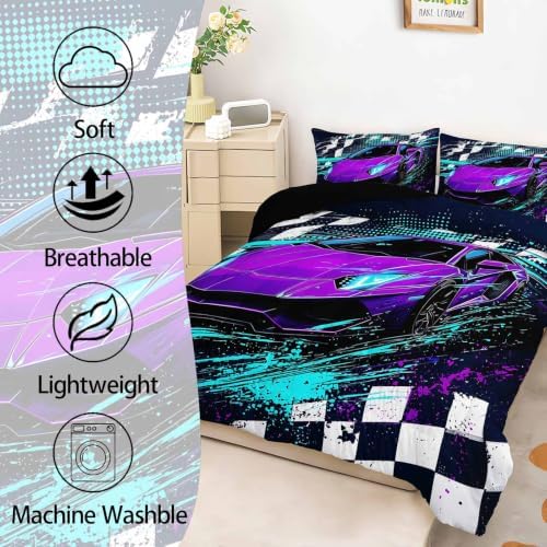 AILONEN Twin Comforter Set 3 Piece, Purple Teal Sports Car 3D Printed Bedding with 2 Pillowcases, Soft Lightweight Microfiber Checkered Speed Decor for Compact Bedroom