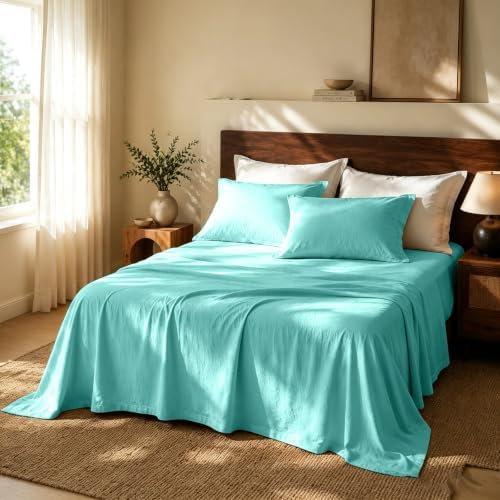 MEISHANG 100% French Linen Sheets King,4 Pcs,18-24" Extra Deep Pocket