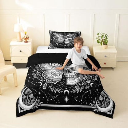 Butterfly Skull Kids Comforter Set Twin,White Mushroom Plant Skeleton Bedding Set for Teens Adults Bedroom Decor,Floral Starry Moon Duvet Insert,Gothic Aesthetic Quilted Duvet Set with 1 Pillowcase