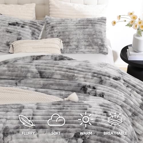 Smoofy Fluffy Twin Size Comforter 2 PCS - Tie Dye Grey Fleece Bedding Set